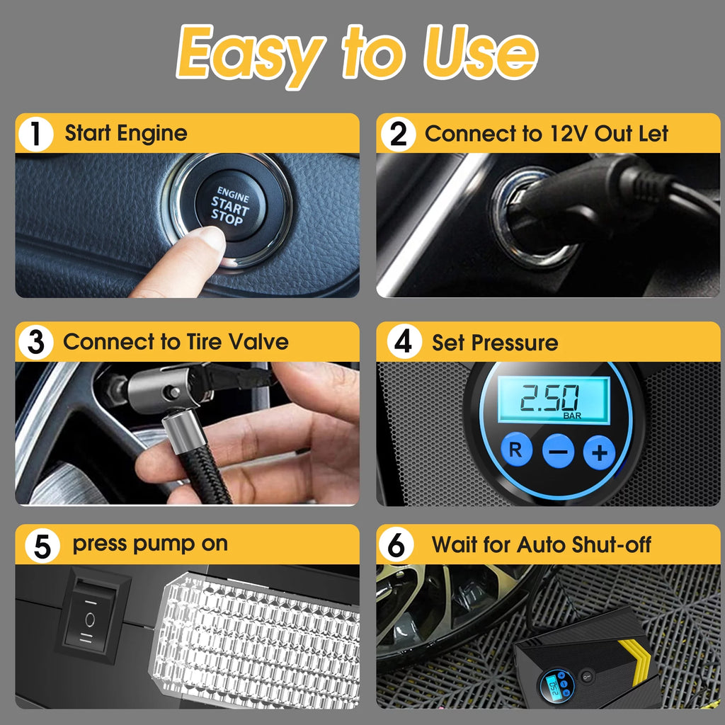 Tire Inflator, 12V Portable Air Compressor with Fast Inflation, Tire Inflator - Black