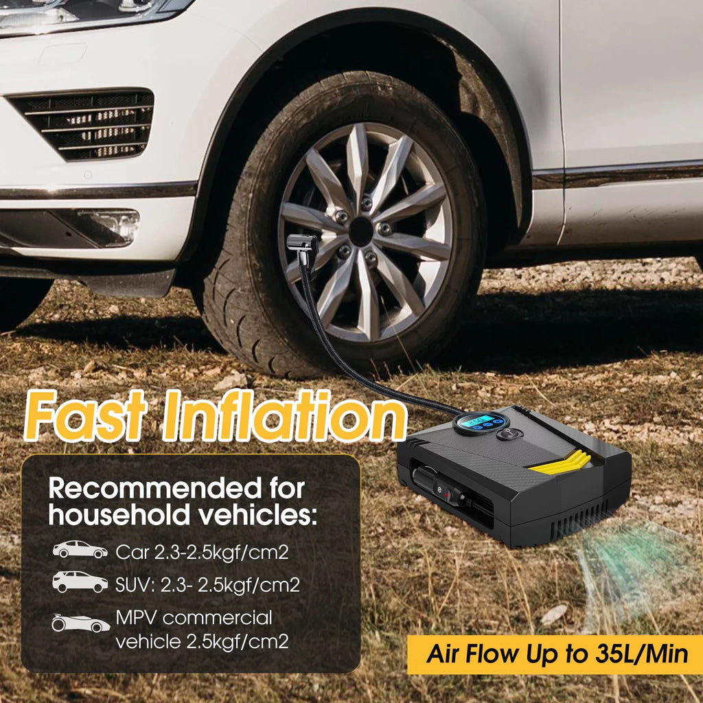 Tire Inflator, 12V Portable Air Compressor with Fast Inflation, Tire Inflator - Black