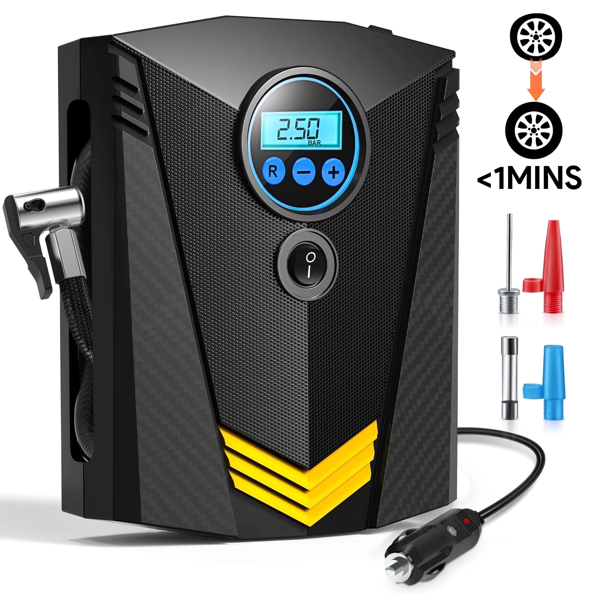Tire Inflator, 12V Portable Air Compressor with Fast Inflation, Tire Inflator - Black