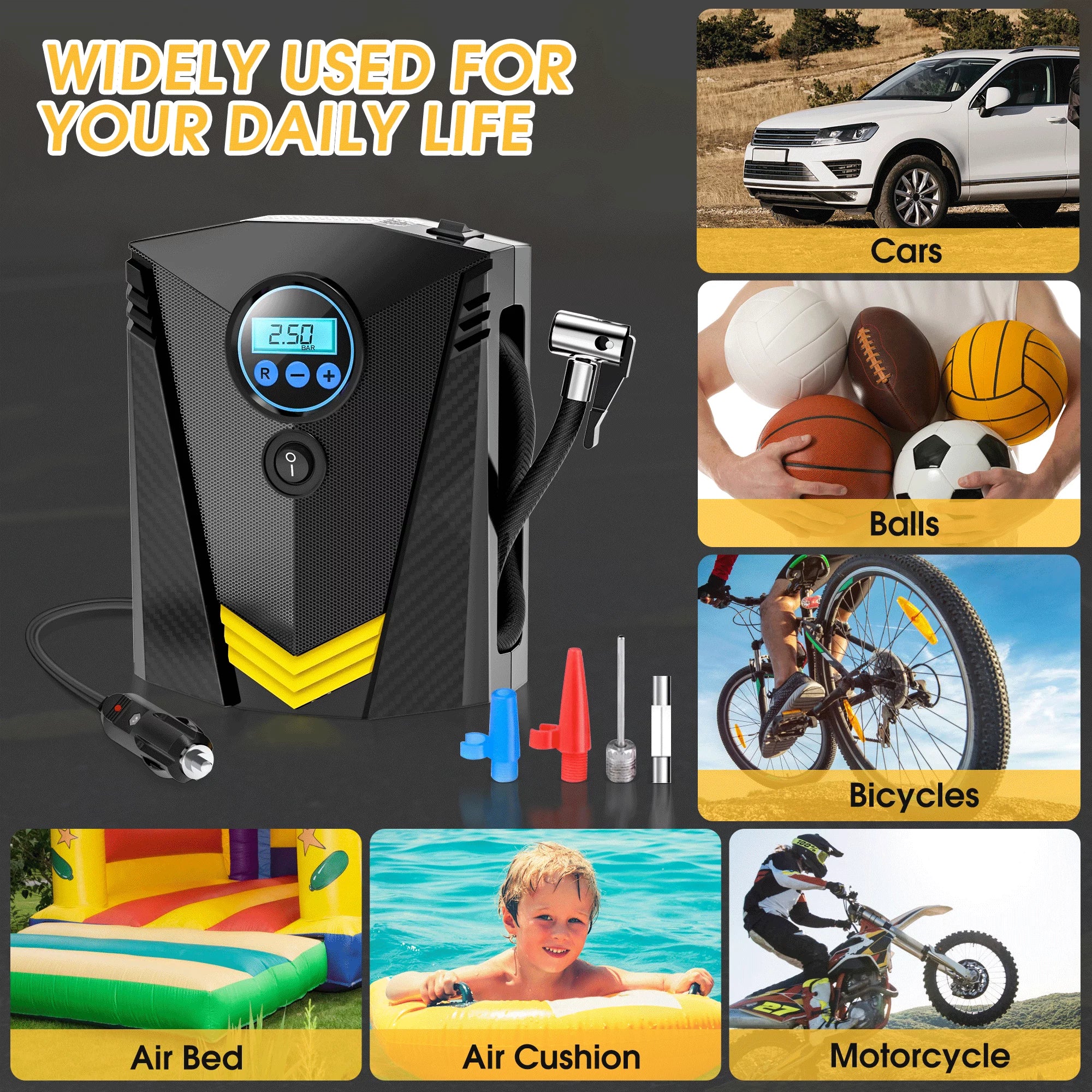 Tire Inflator, 12V Portable Air Compressor with Fast Inflation, Tire Inflator - Black