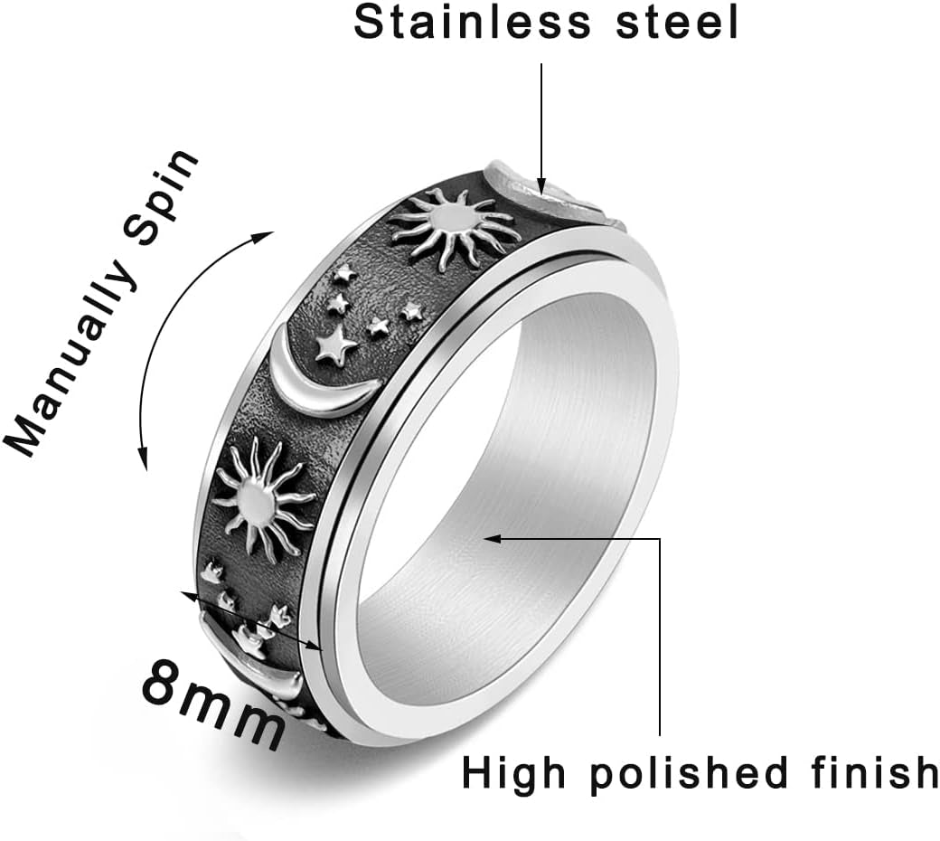 Stainless Steel Spinner Ring for Women Men Anxiety Rings for Relieving Stress Anxiety Ring Sun Moon Stars Promise Engagement Ring Silver&Black 10