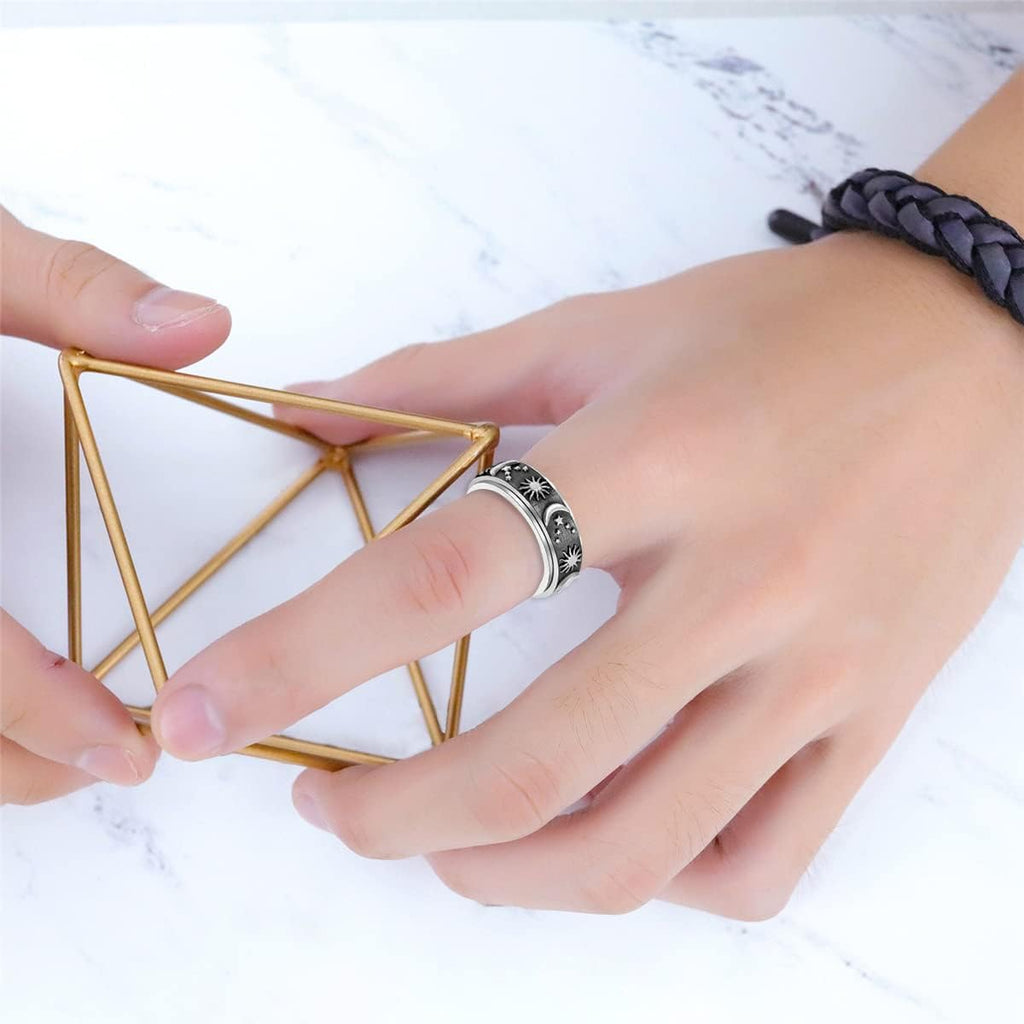 Stainless Steel Spinner Ring for Women Men Anxiety Rings for Relieving Stress Anxiety Ring Sun Moon Stars Promise Engagement Ring Silver&Black 10