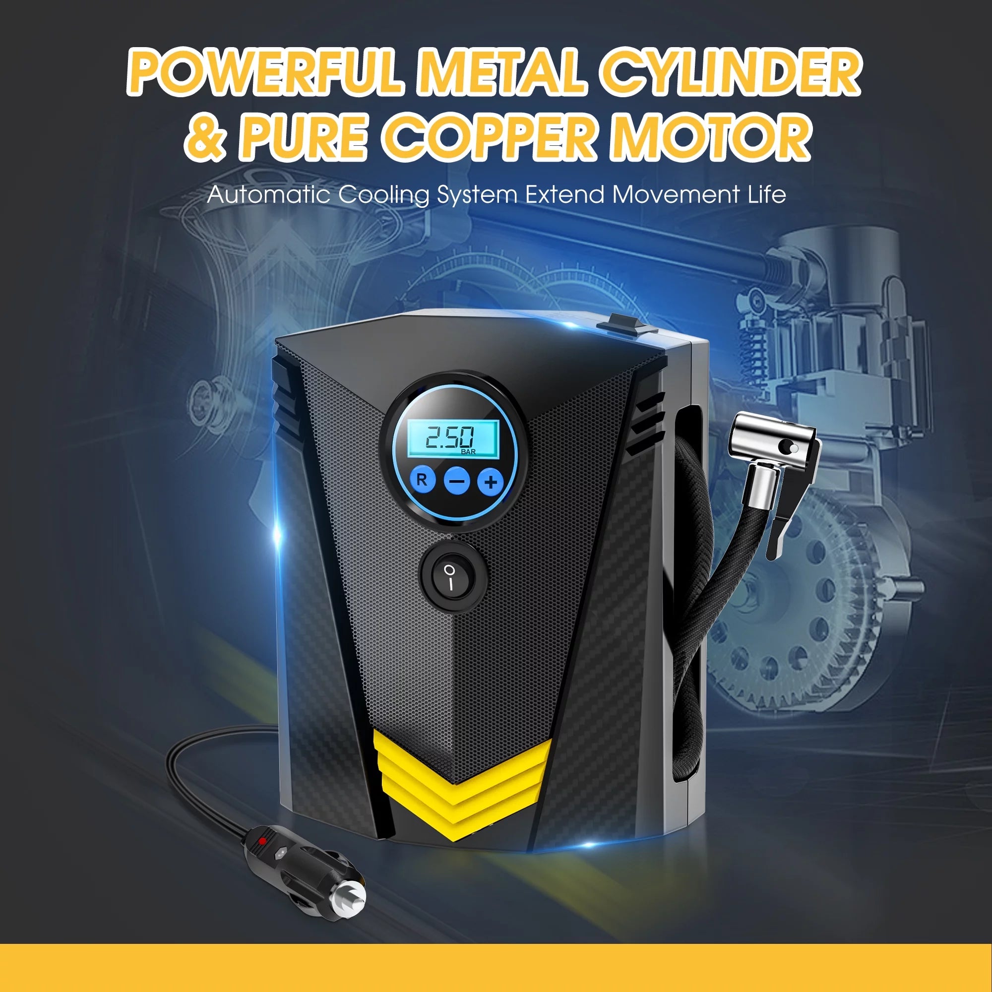 Tire Inflator, 12V Portable Air Compressor with Fast Inflation, Tire Inflator - Black