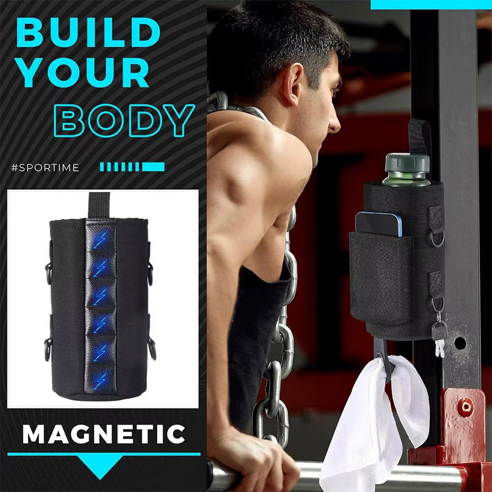 Magnetic Gym Water Bag,Water Bottle Tumbler Carrier Holder with Phone Pockets & Shoulder Strap,Sports Magnet Water Bottle Sleeve