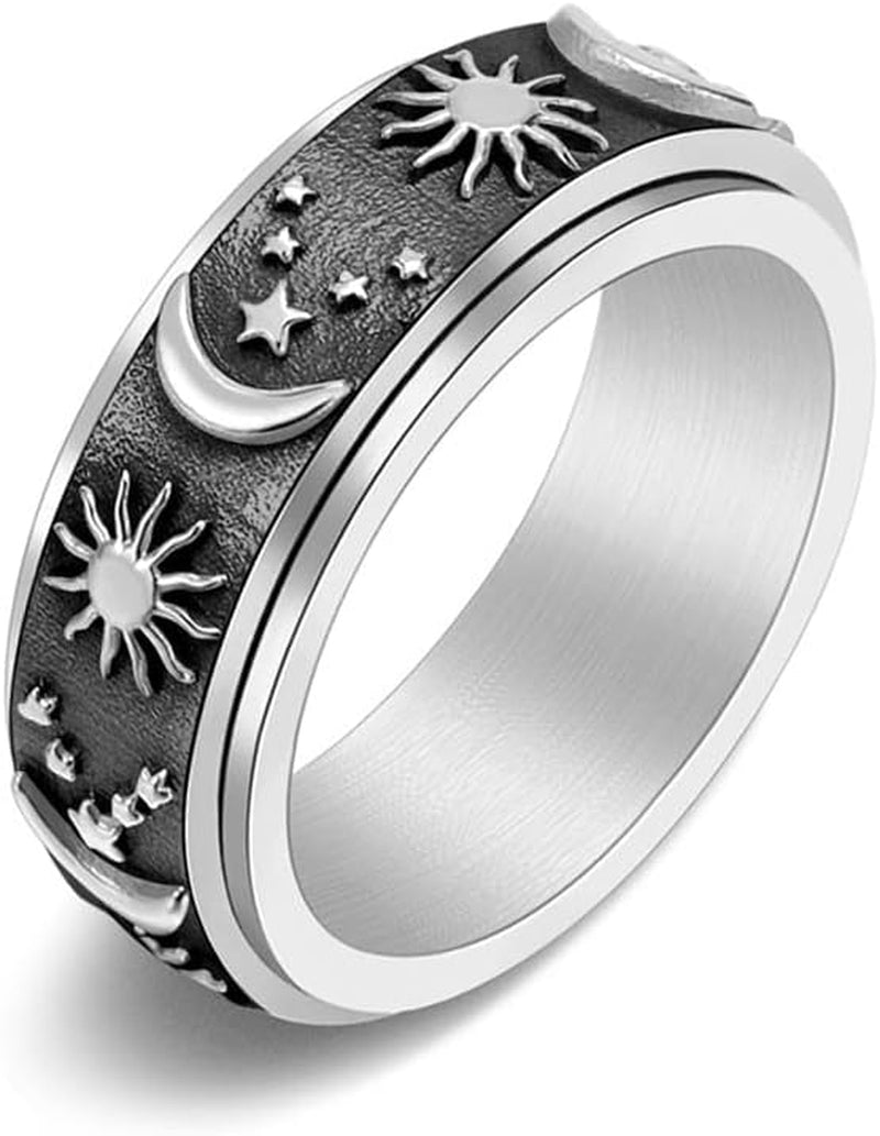 Stainless Steel Spinner Ring for Women Men Anxiety Rings for Relieving Stress Anxiety Ring Sun Moon Stars Promise Engagement Ring Silver&Black 10