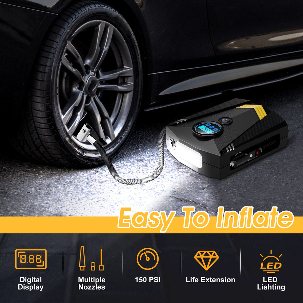 Tire Inflator, 12V Portable Air Compressor with Fast Inflation, Tire Inflator - Black