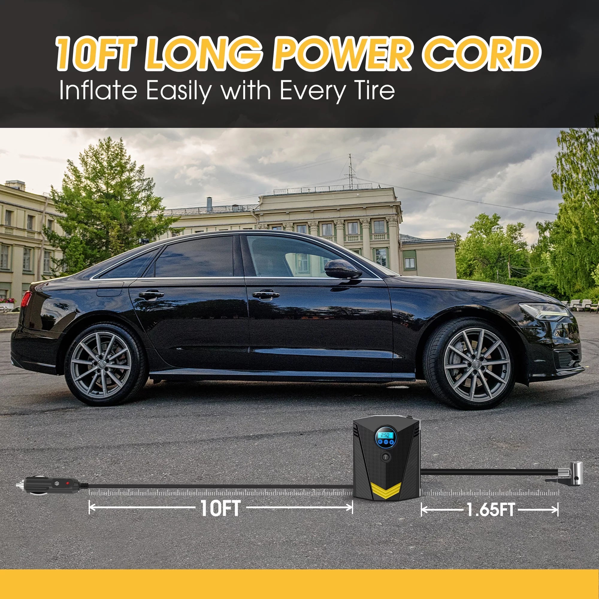 Tire Inflator, 12V Portable Air Compressor with Fast Inflation, Tire Inflator - Black